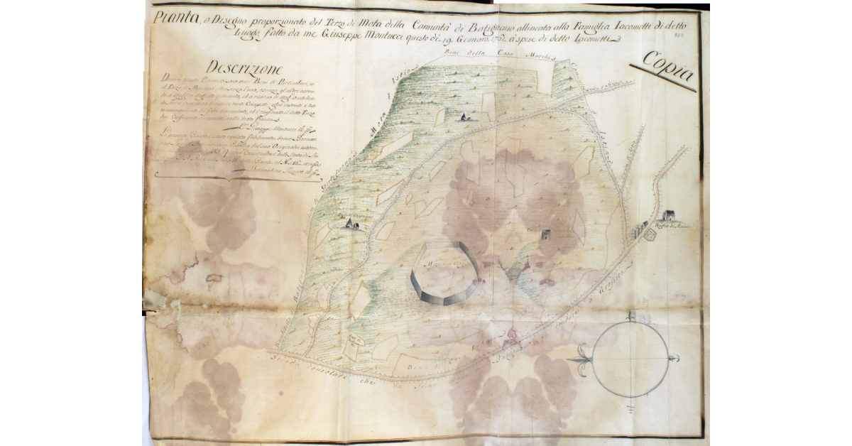 Pianta, o Disegno proporzionato del Terzo di Mota della Comunità di Batignano allineata alla Famiglia Iacometti di detto Luogo, fatto da me Giuseppe Montucci questo dì 19 Gennaro 1761 à spese di detto Iacometti