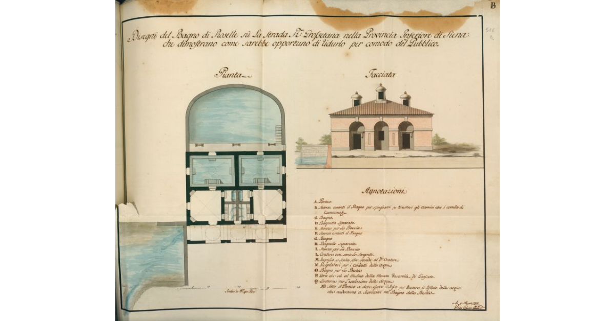 Disegni del Bagno di Roselle sù la Strada Regia Grossetana nella Provincia Inferiore di Siena che dimostrano come sarebbe opportuno di ridurlo per comodo del Pubblico