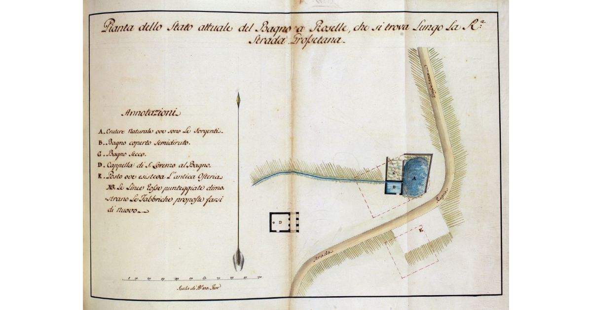 Pianta dello Stato attuale del Bagno a Roselle, che si trova Lungo La Regia Strada Grossetana