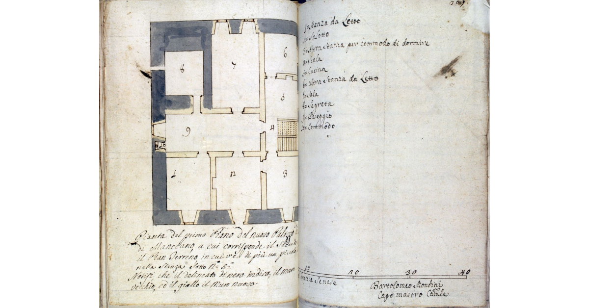 Pianta del primo Piano del nuovo Palazzo di Giustizia di Manciano, a cui corrisponde il Secondo Piano, il Pian Terreno in cui v'è di più un piccolo tramezzo nella stanza sotto N. 5