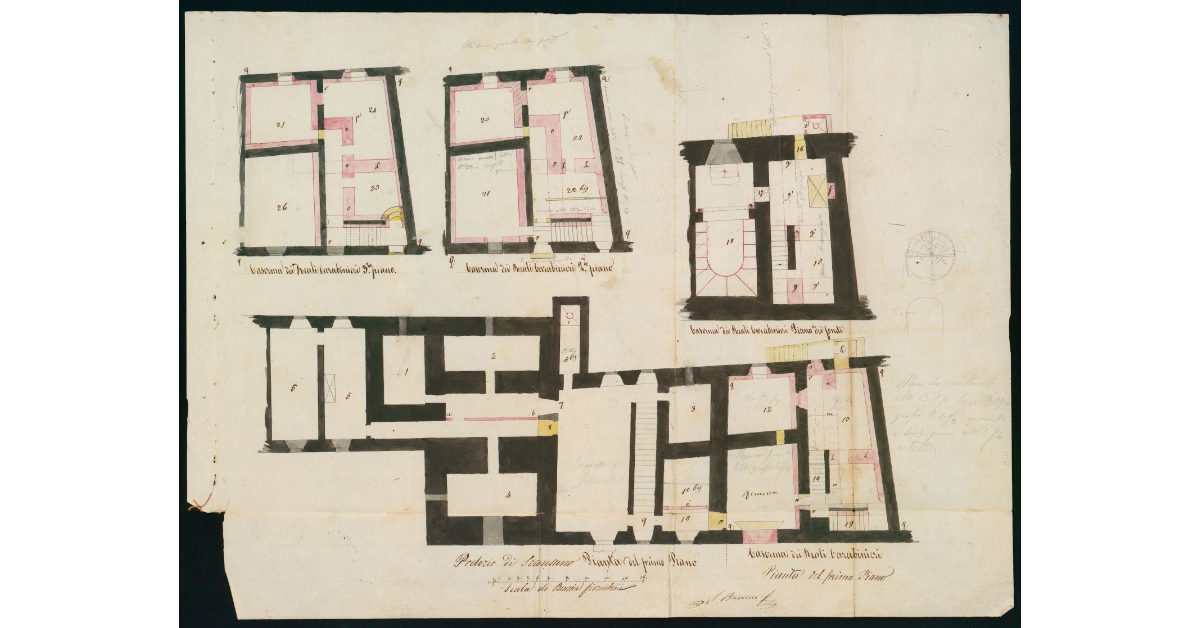 [Piante dimostrative il palazzo Pretorio di Scansano e la Reale Caserma dei Carabinieri, dove devono essere realizzate delle nuove carceri]