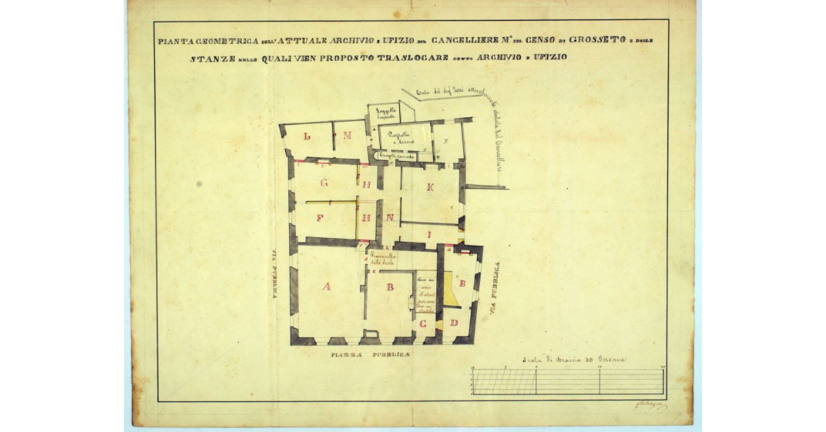 Pianta geometrica dell’attuale archivio e ufizio del cancelliere ministro del censo di Grosseto e delle stanze nelle quali vien proposto traslocare detto archivio e ufizio