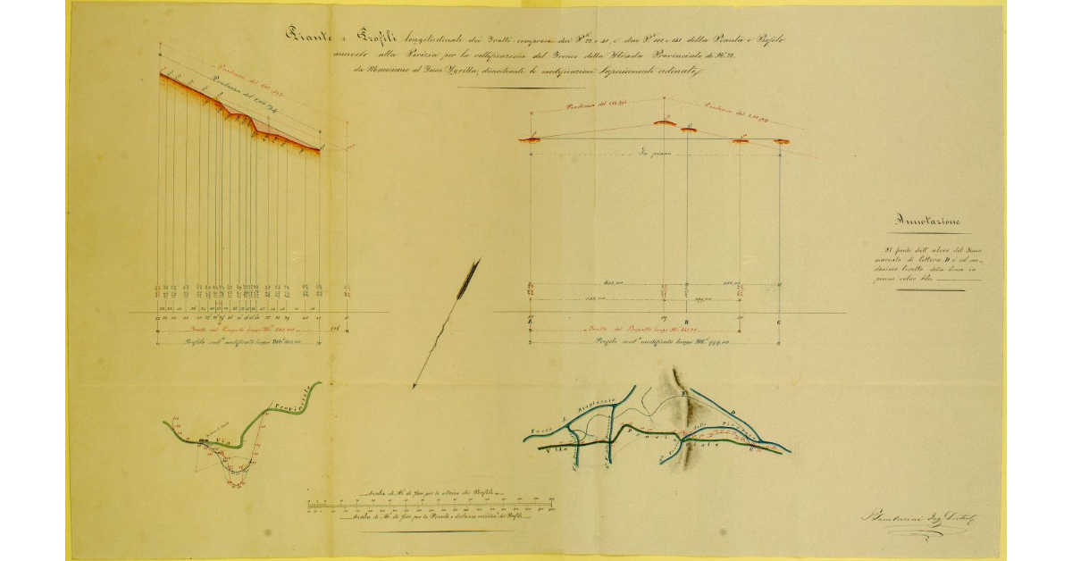 Piante e Profili longitudinali dei Tratti compresi dai Paletti 22 e 41, e dai Paletti 107 e 141 della Pianta e Profilo annesso alla Perizia per la rettificazione del Tronco della Strada Provinciale di N° 22 da Manciano al Fosso della Sgrilla, dimostranti le modificazioni superiormente ordinate