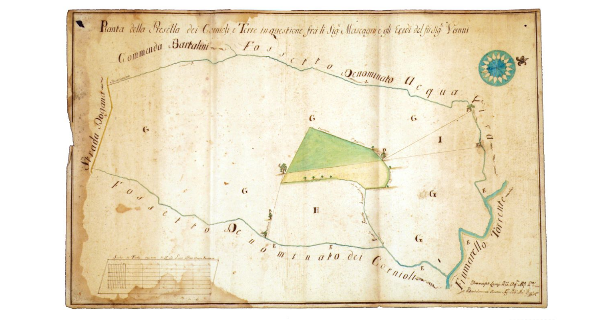 Pianta della presella dei Cornioli e terre in questione tra li signori Mascagni e li eredi del fu signor Vanni