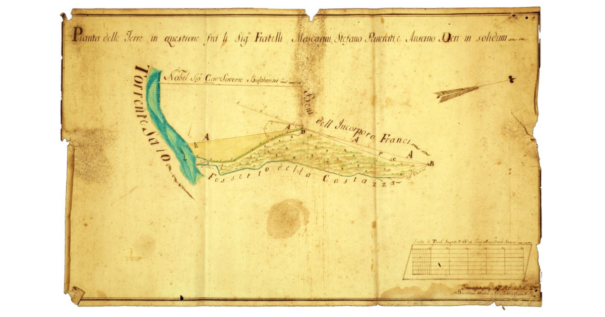 Pianta delle terre in questione fra li signori fratelli Mascagni, Stefano Pancrati e Ansano Deri in solidum