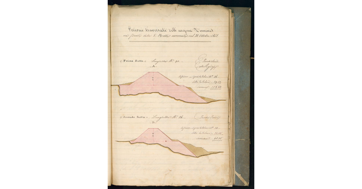 Sezioni trasversali dell’argine Ximenes nei punti delle 5 rotte avvenute nel 21 ottobre 1848