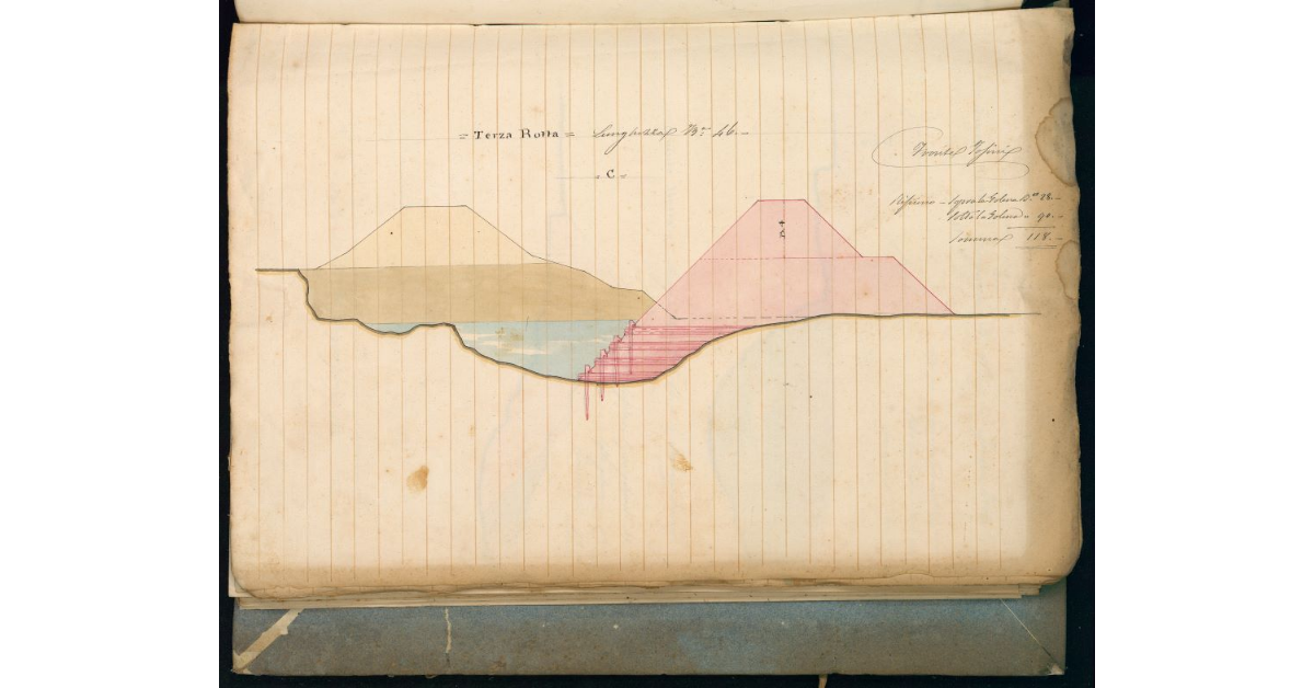 Sezioni trasversali dell’argine Ximenes nei punti delle 5 rotte avvenute nel 21 ottobre 1848