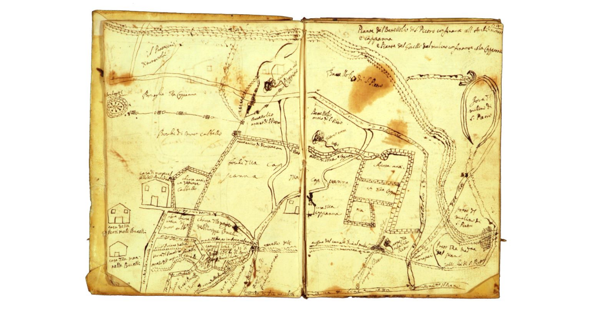 Pianta del battellolio di San Pietro confinante coll'archidiaconato e cappanna e pianta del gorello del mulino confinante con la cappanna