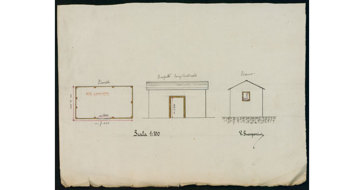 [Progetto della capanna di legname che il sig. Demetrio Pasqui intende realizzare nel terreno di sua proprietà lungo la via che conduce alla stazione]