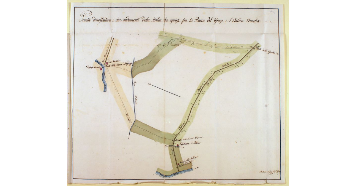 Pianta dimostrativa i due andamenti della strada da aprirsi fra la barca del Grazi e l'Antica Aurelia
