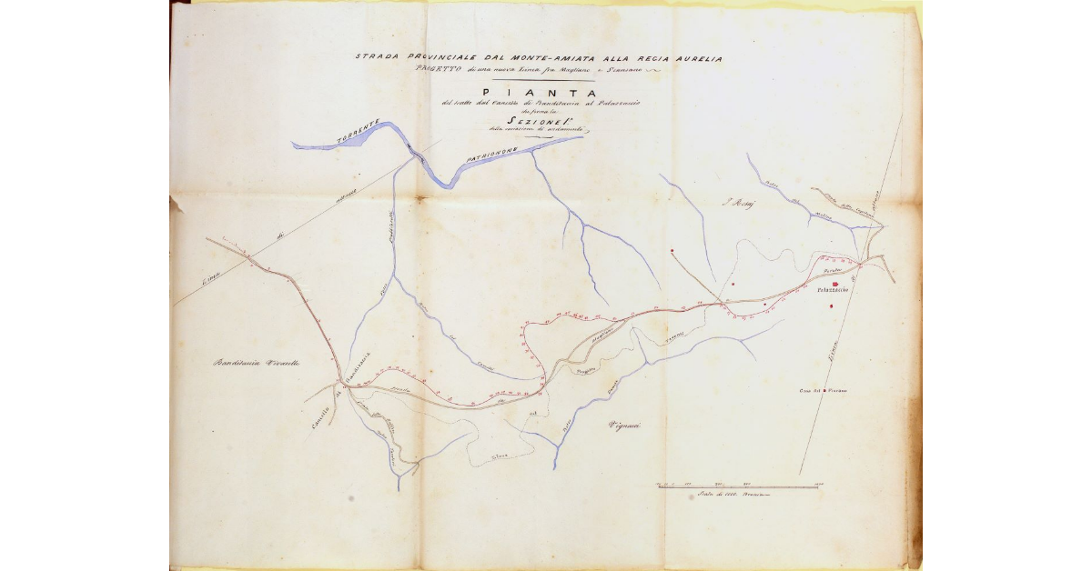 Strada provinciale dal Monte-Amiata alla Regia Aurelia. Progetto di una nuova Linea fra Magliano e Scansano. Pianta del tratto dal Cancello di Banditaccia al Palazzaccio che forma la Sezione I della variazione di andamento