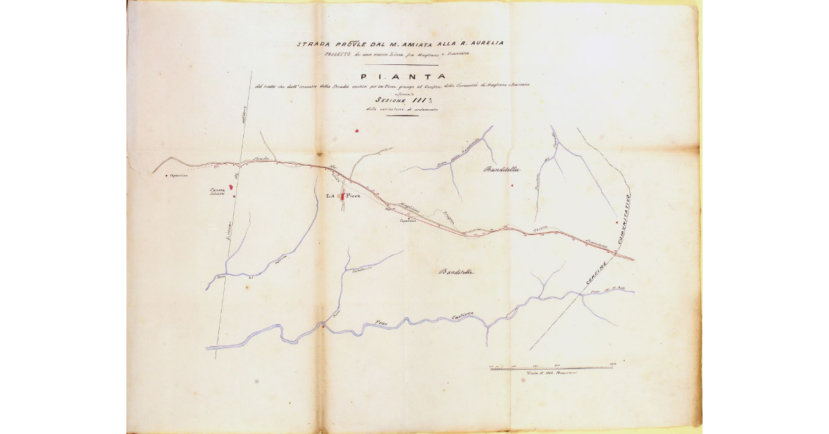 Strada provinciale dal M. Amiata alla R. Aurelia. Progetto di una nuova Linea fra Magliano e Scansano. Pianta del tratto che dall'incontro della Strada vecchia per la Pieve giunge al Confine delle Comunità di Magliano e Scansano e forma la sezione III della variazione di andamento