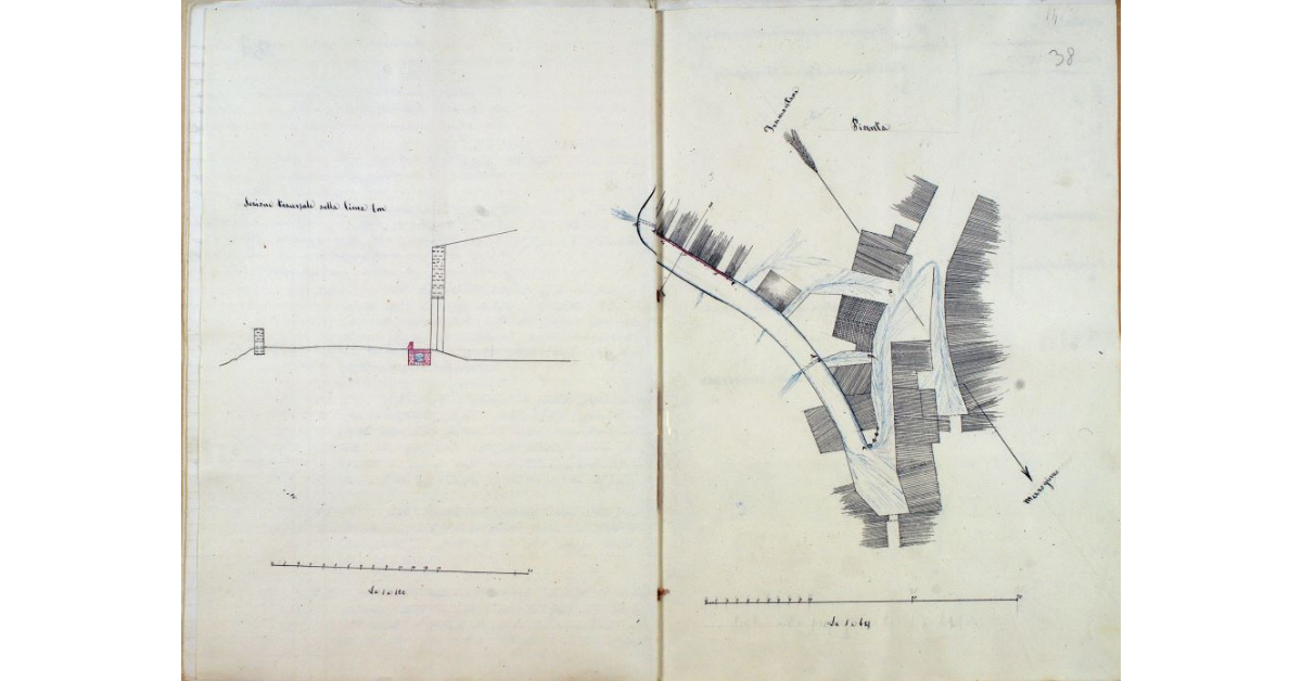 [Pianta del tratto di provinciale n° 21, detta del Monte Amiata, con l'indicazione del tratto di chiavica da costruirsi in prossimità delle stalle Farmeschi e Castellucci e dell'andamento delle acque pluviali]