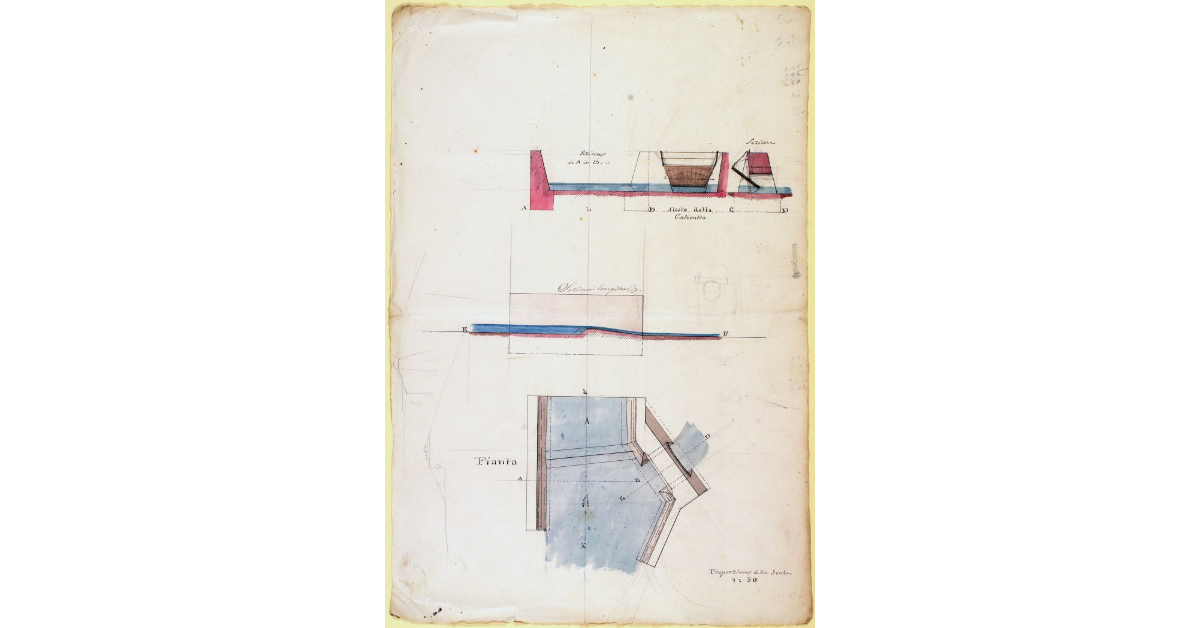 [Alzato, sezione e pianta della cateratta da costruirsi sul fosso Partignone al paletto 14, nel punto in cui viene deviato nel Butterino]