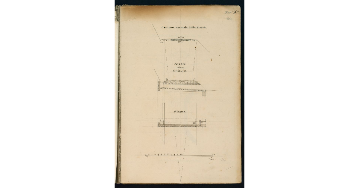 [Pianta e alzato delle chiaviche da costruirsi lungo la strada in costruzione dalla depressione di Poggioferro al termine di Pomonte e sezione normale della strada]