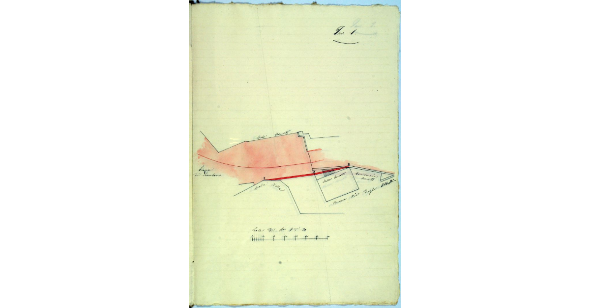 [Pianta indicante l'andamento dei muri a destra della strada provinciale di n° 24, fra la casa Valle e la nuova via degli Addobbi]