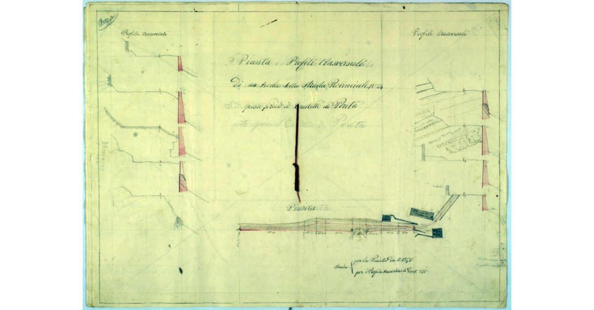 Pianta e Profili trasversali di un tronco della strada Provinciale n° 24 posto presso il castello di Pereta