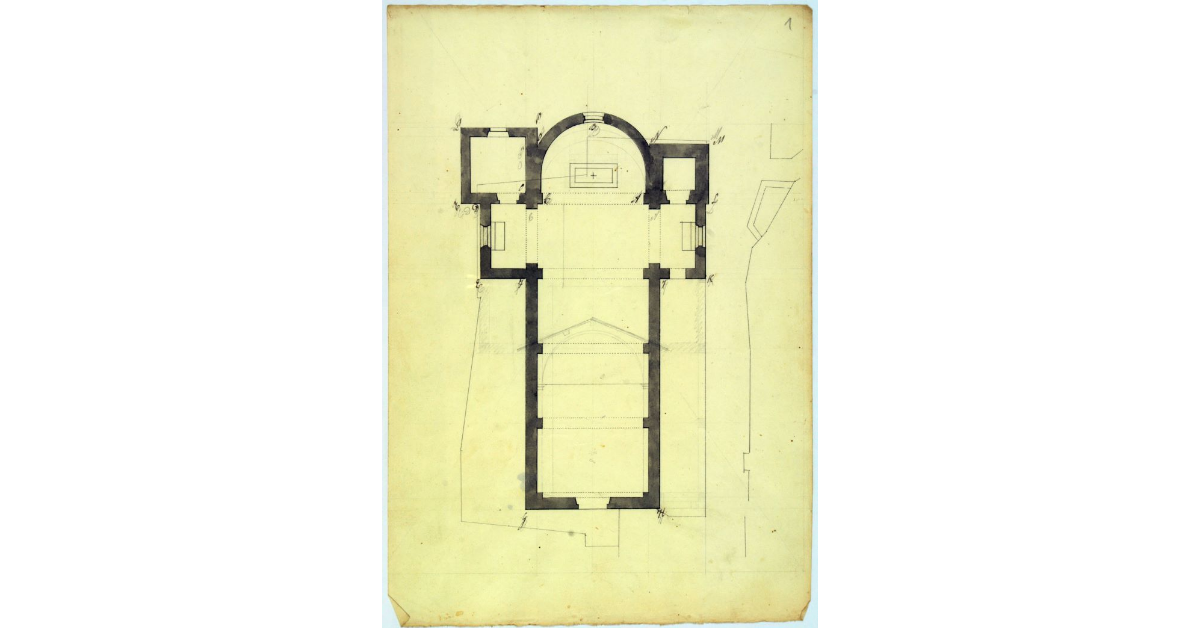 [Pianta della nuova chiesa di Castell'Azzara, con l'indicazione del perimentro dell'edificio della canonica e della chiesa da demolire]