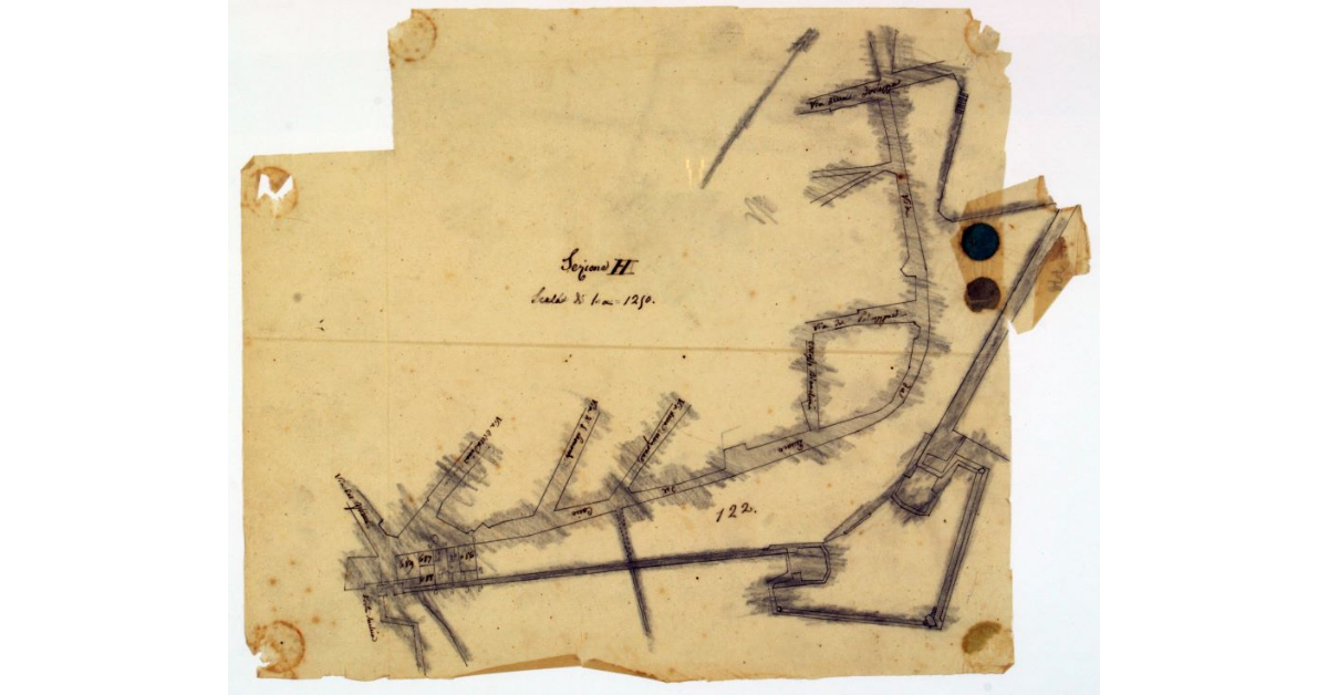 [Pianta geometrica della città di Grosseto in prossimità della Porta Vecchia, con l'indicazione dei fabbricati costruiti]