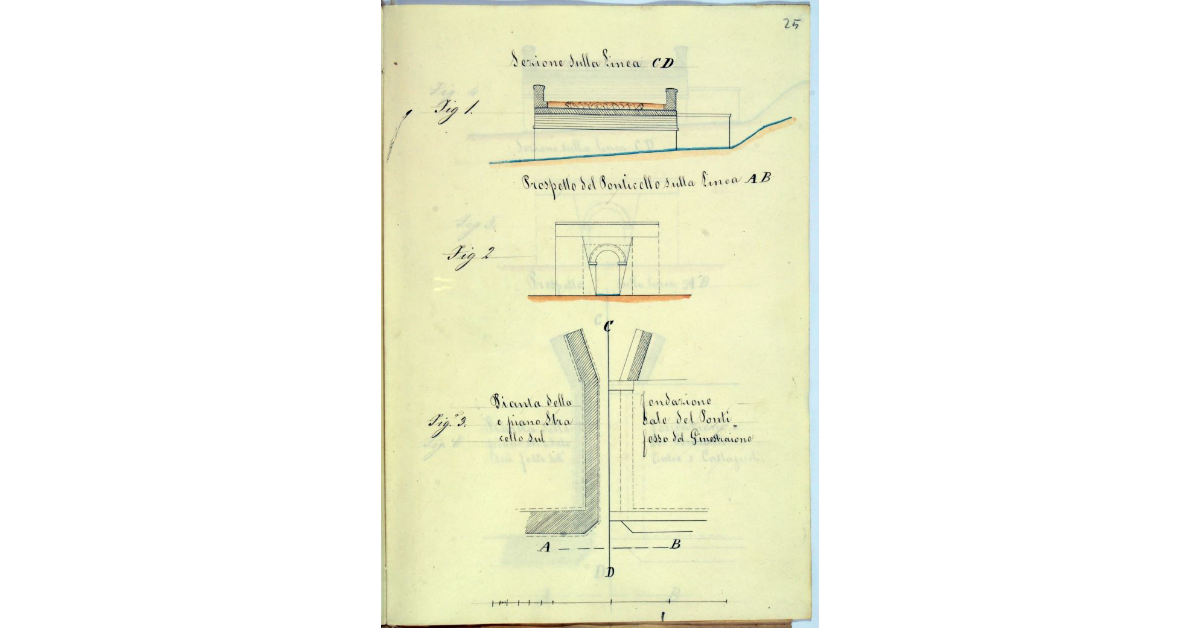 [Pianta, prospetto sulla linea AB e sezione trasversale sulla linea CD del ponticello che deve essere costruito sul fosso del Ginestraione in sostituzione della chiavica]