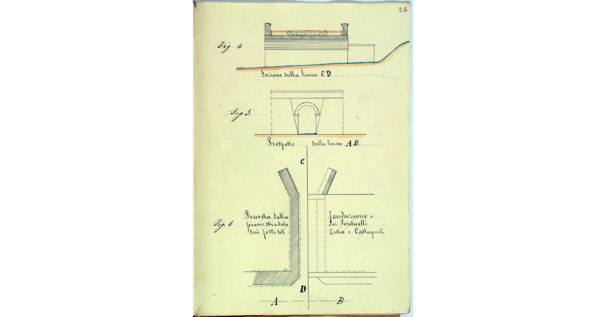 [Pianta, prospetto sulla linea AB e sezione sulla linea CD del ponticello che deve essere costruito sul fosso delle Antee e su quello dei Castagnoli in sostituzione delle chiaviche]