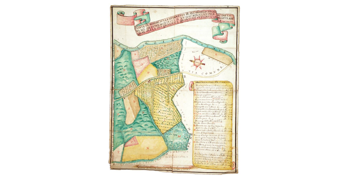 Pianta del podere detto la Capannetta del signor Angelo Pavolini fatta da me Giuseppe Montucci il XV luglio MDCCLXII per mostrare qual sia la sua qualità e quantità superficiale