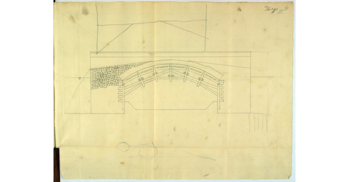 [Disegno dell'armatura in legname che dovrà sostenere la volta del ponte in muratura da farsi sul fiume Pecora durante la sua costruzione]