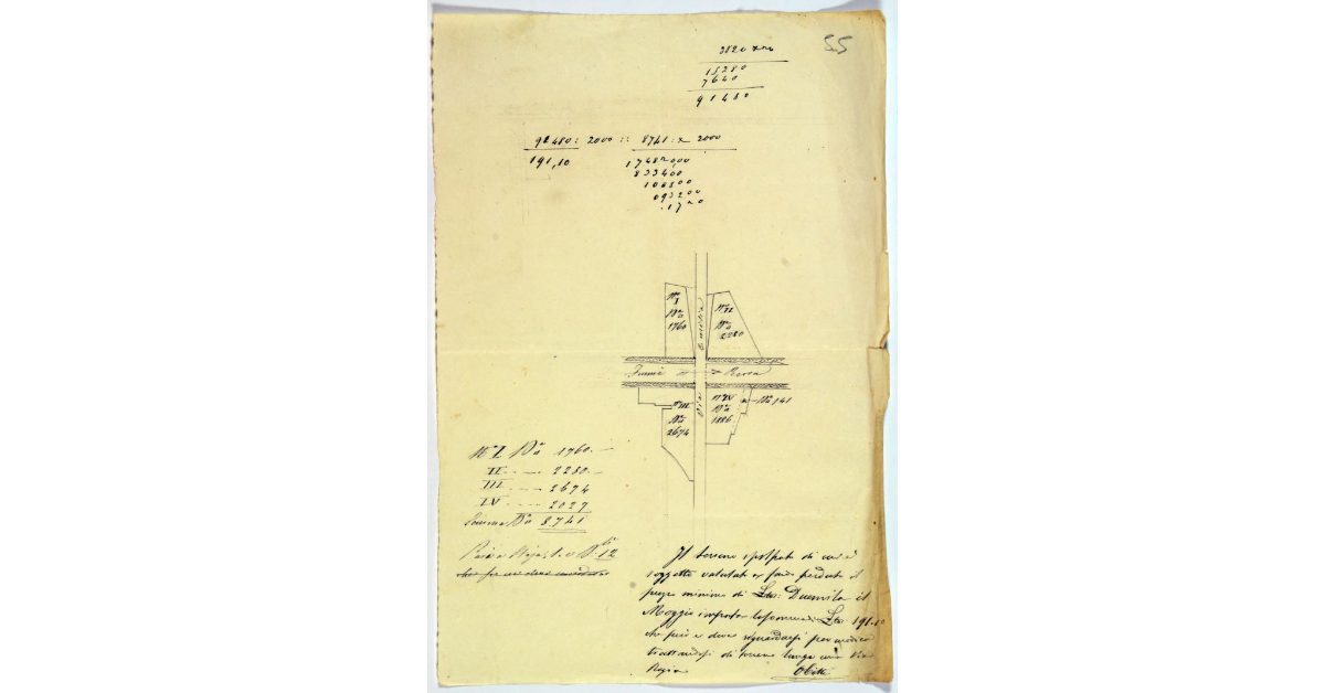 [Pianta di un tratto della via Regia Emilia presso il fiume Pecora, con l'indicazione dei terreni adiacenti all'attraversamento]