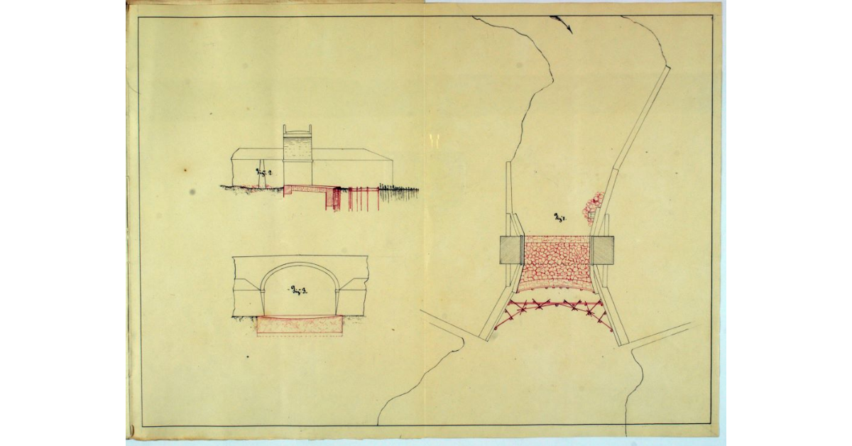 [Alzato, pianta e sezione del ponte sul fiume Pecora, con l'indicazione dei lavori che devono essere eseguiti]
