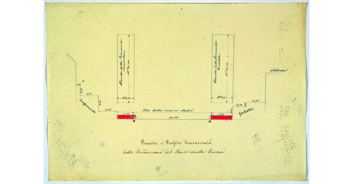 Pianta e Profilo Trasversale delle fondazioni del Ponte sulla Fiora