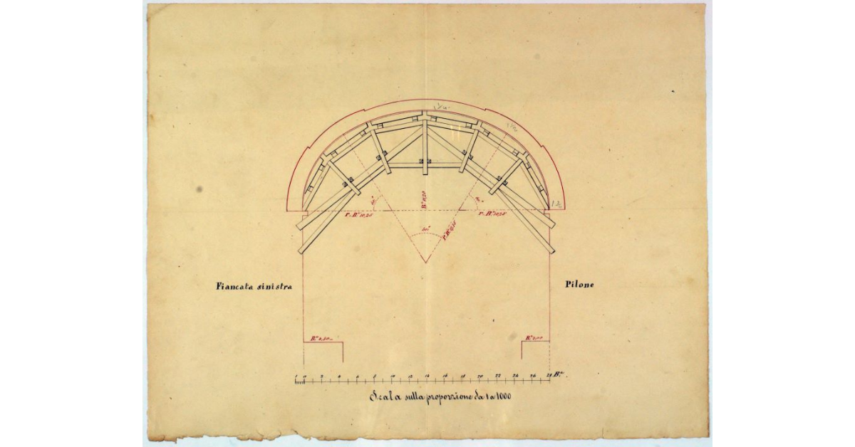 [Disegno dell'armatura di sostegno delle volte del ponte sul fiume Fiora]