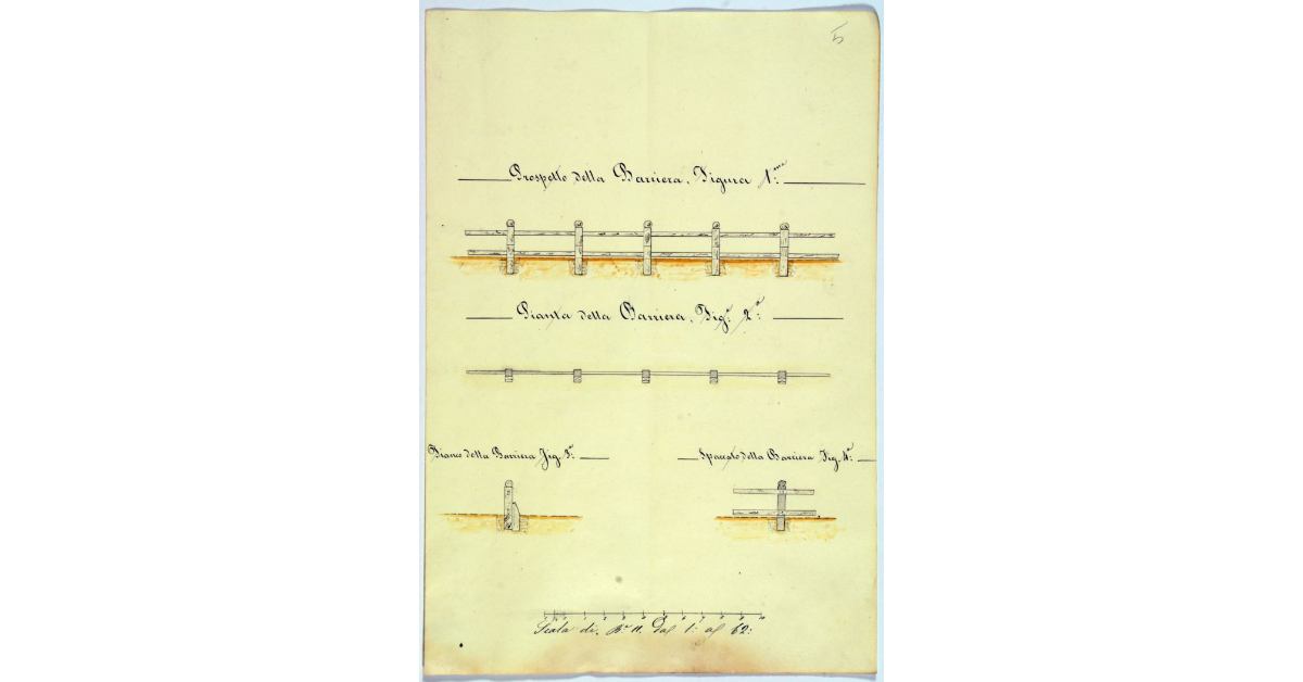 [Prospetto, pianta, spaccato e fianco della barriera in legname da costruirsi nel tratto di provinciale n° 24 dal Monte Amiata alla Regia Aurelia, compreso fra il culmine del Poggio alle Forche e la Triana]