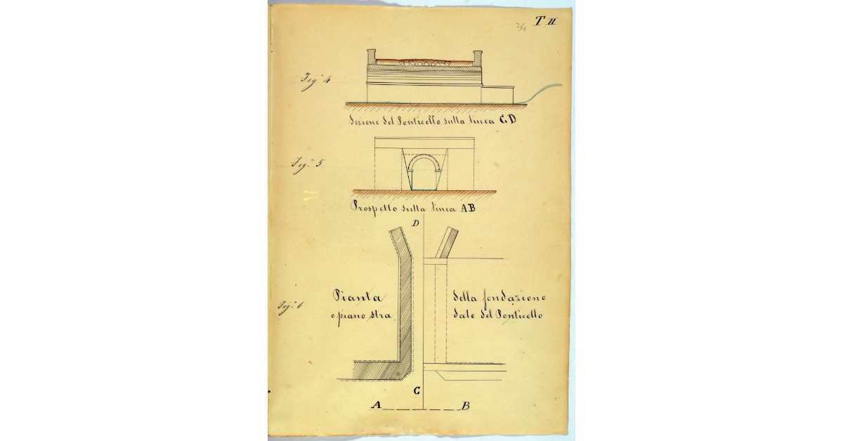[Sezione, prospetto e pianta del ponticello da costruirsi al posto della penultima chiavica sotto al ponte della Buca verso la Triana]