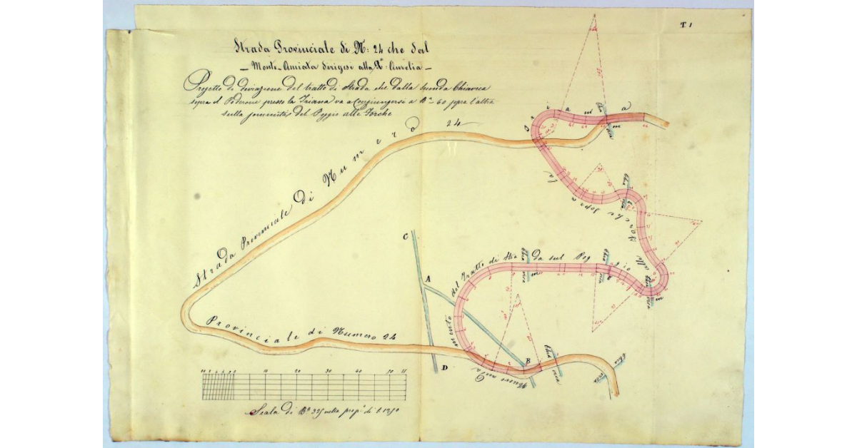 Strada Provinciale di N° 24 che dal Monte Amiata dirigesi alla Rª. Aurelia. Progetto di deviazione del tratto di strada che dalla seconda Chiavica sopra il Poderone presso la Triana va a congiungersi a Bª 60 sopra l'altra sulla sommità del Poggio alle Forche