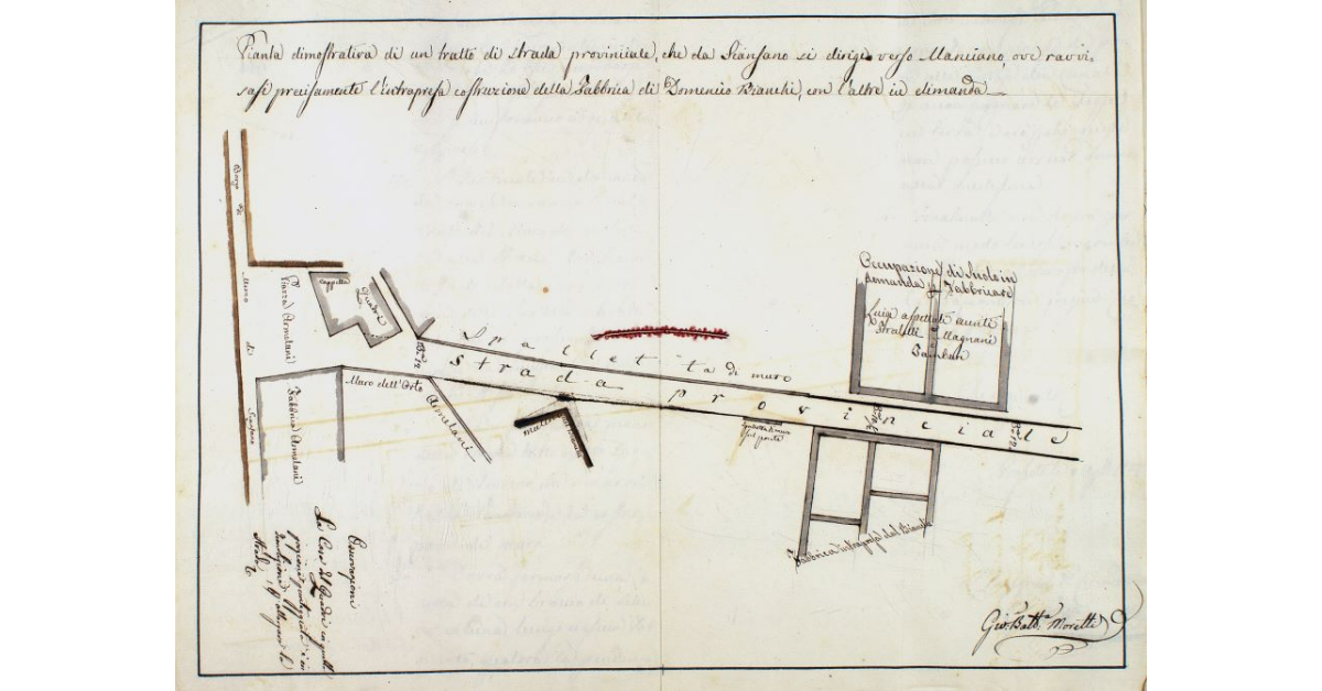 Pianta dimostrativa di un tratto di strada provinciale, che da Scansano si dirige verso Manciano, ove ravvisasi precisamente l'intrapresa costruzione della Fabbrica di Domenico Bianchi, con l'altre in dimanda