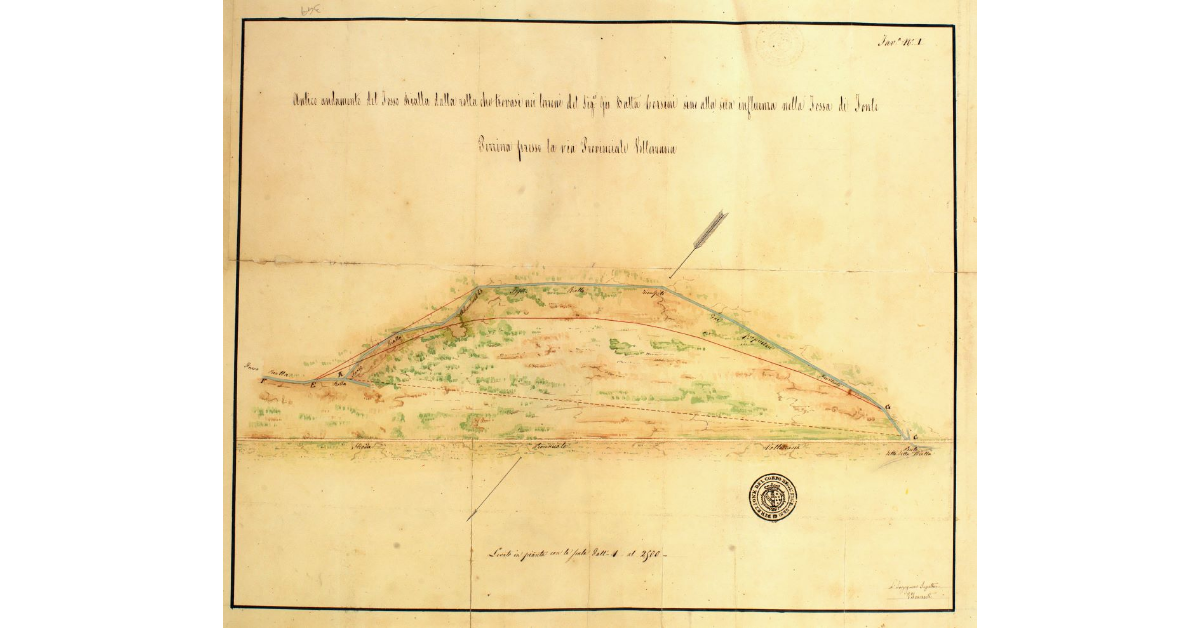 Antico andamento del fosso Rialla dalla rotta che trovasi nei terreni del Sig.re Gio: Botta Corsini sino alla sua influenza nella Fossa di Fonte Porrina presso la via Provinciale Volterrana