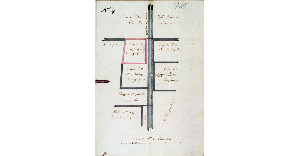 [Pianta di una parte del pubblico acquedotto di Pitigliano con l'indicazione delle proprietà adiacenti]