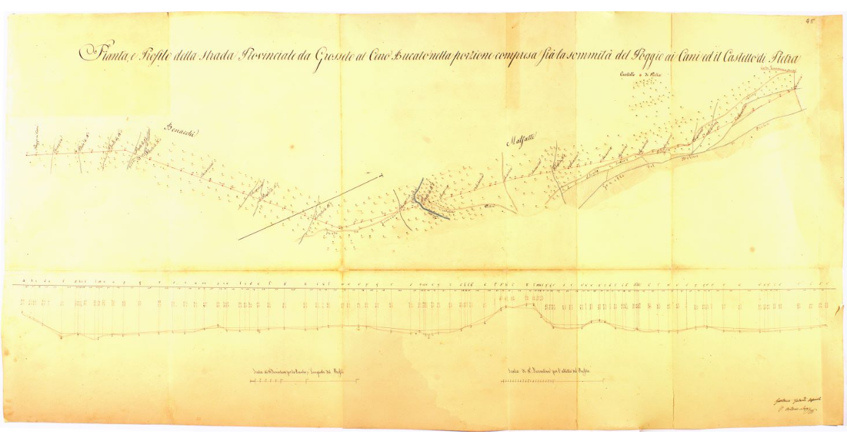 Pianta, e Profilo della strada Provinciale da Grosseto al Cerro Bucato nella porzione compresa frà la sommità del Poggio ai Cani ed il Castello di Pietra