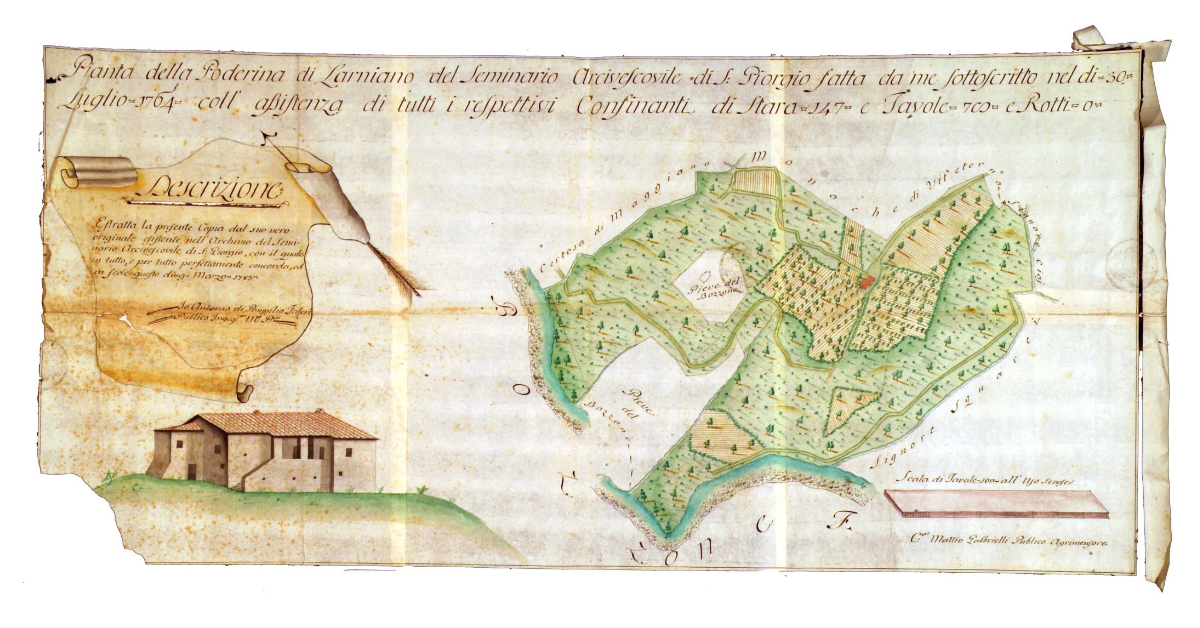 Pianta della poderina di Larniano del seminario arcivescovile di San Giorgio fatta da me sottoscritto nel dì 30 luglio 1764 coll'assistenza di tutti i respettivi confinanti di stara 147 e tavole 78 e rotti 0