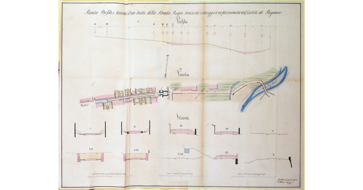 Pianta, Profilo e Sezioni di un tratto della Strada Regia Senese da correggersi in prossimità del Castello di Paganico