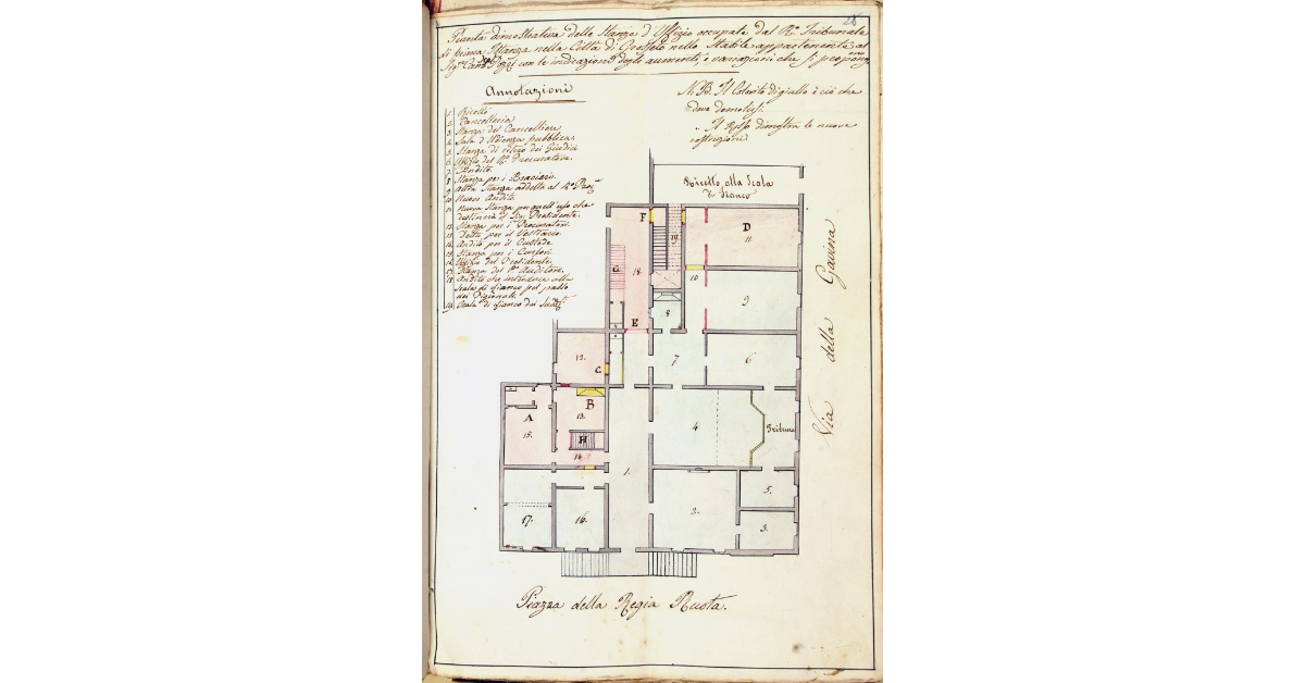 Pianta dimostrativa delle stanze d'Uffizio occupate dal R°. Tribunale di prima Istanza nella Città di Grosseto nello stabile appartenente al sig.re Can.re Pozzi, con le indicazioni degli aumenti, e variazioni che si propongono