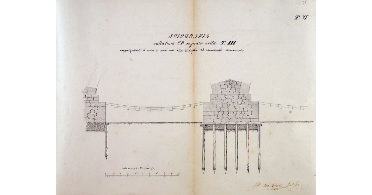 Sciografia sulla linea CD segnata nella T. III rappresentante il modo di esecuzione della Palafitta e del soprastante muramento