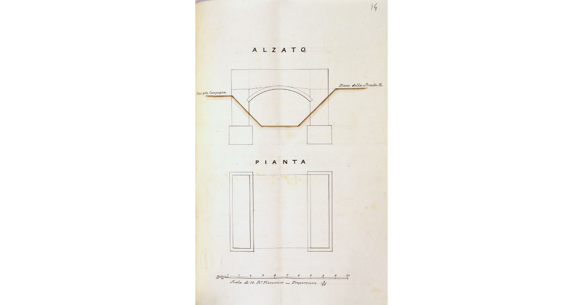 [Alzato e pianta dei due ponticelli da costruirsi sul fosso di scolo Millanta, lungo la Strada Regia di San Rocco]