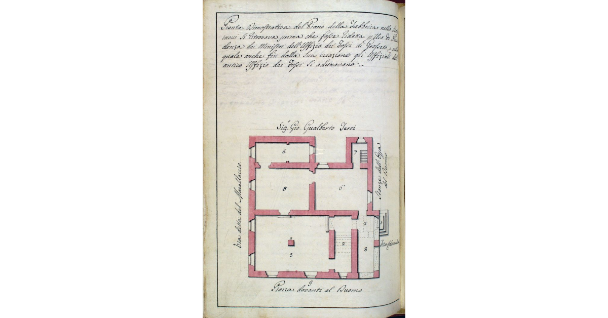 Pianta Dimostrativa del Piano della Fabbrica nello stato in cui si trovava prima che fosse ridotta per uso di Residenza dei Ministri dell'Uffizio dei Fossi di Grosseto, e nella quale anche fin dalla sua creazione gli Uffiziali dell'antico Uffizio dei Fossi si adunavano