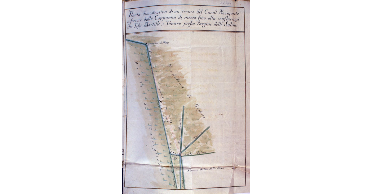 Pianta dimostrativa di un tronco del Canal Navigante inferiore dalla Cappanna di mezzo fino alla confluenza dei Fossi Martello e Tanaro presso l'argine delle Saline