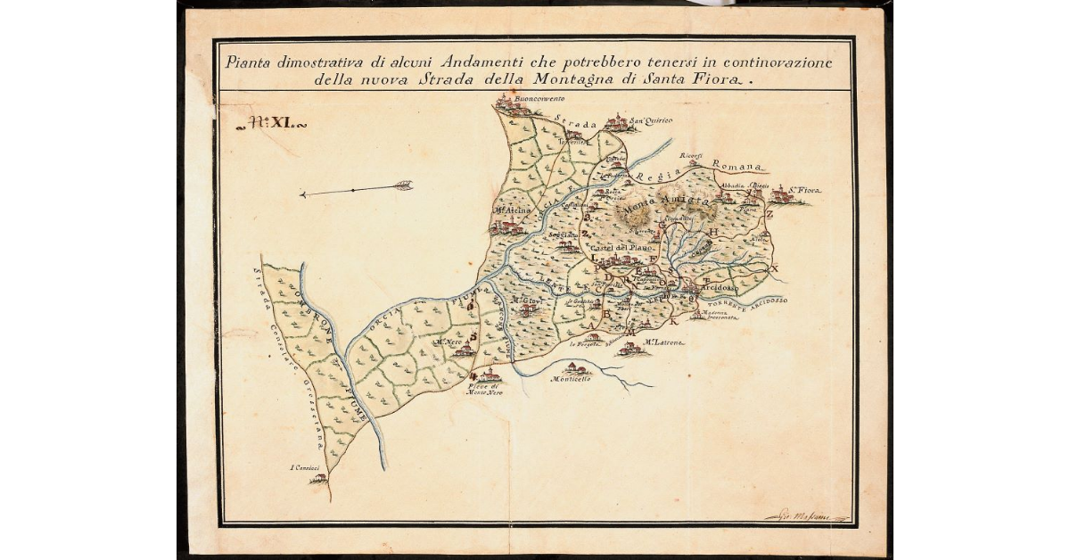 Pianta dimostrativa di alcuni Andamenti che potrebbero tenersi in continovazione della nuova Strada della Montagna di Santa Fiora