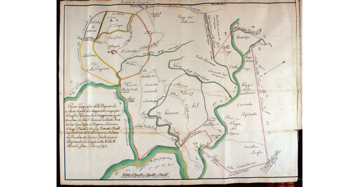 Pianta Topografica della Dogana di Monte Orgiali, di Moggia 1527, compresovi il terzo del Vescovo, che è di Moggia 300, appartenendosi La fida d'Inverno ai Paschi, denotando il giro Rosso la Dogana, il Cenerino il terzo, il Verde i Confini Ristretti, il Giallo La Bandita di Colle Fagiano, il Turchino La Bandita di Murci, il Giallo Scuro La Bandita di San Giorgio con la Villa di Pancoli, fatta l'Anno 1745
