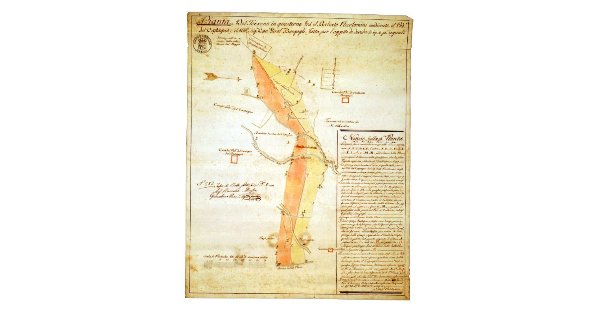 Pianta del terreno in questione fra il Baliato Piccolomini mediante il podere del Castagno e il nobile signor cavalier Girolamo Bargagli. Fatta per l'oggetto di dividerlo in 2 parti uguali