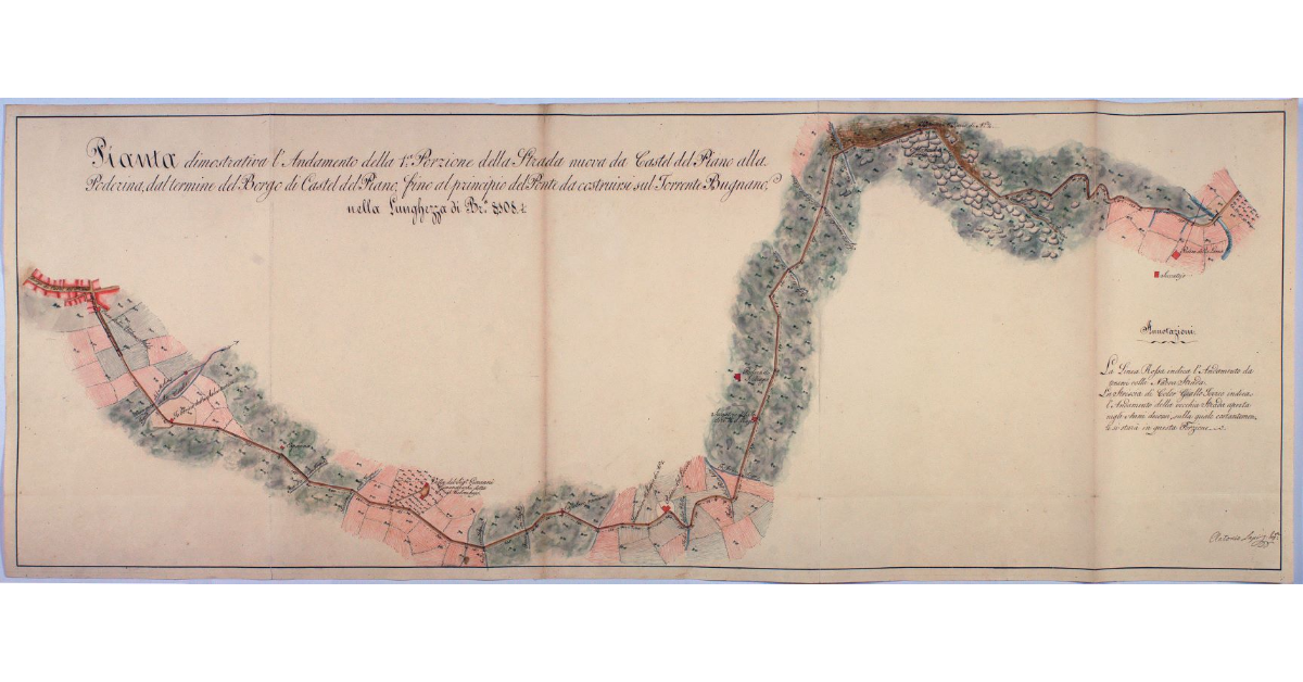 Pianta dimostrativa l'andamento della 1ª Porzione della Strada nuova da Castel del Piano alla Poderina, dal termine del Borgo di Castel del Piano, fino al principio del Ponte da costruirsi sul Torrente Bugnano, nella Lunghezza di Br. 8108 1/2