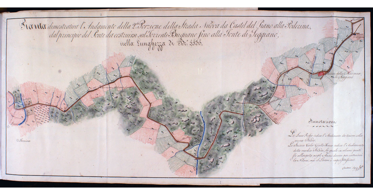 Pianta dimostrativa l'Andamento della 2ª Porzione della Strada Nuova da Castel del Piano alla Poderina, dal principio del Ponte da costruirsi sul Torrente Bugnano fino alla Fonte di Seggiano, nella lunghezza di Br.ª 5535